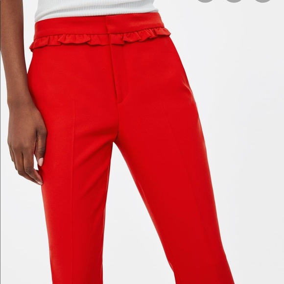 Red Zara trousers with ruffle detail